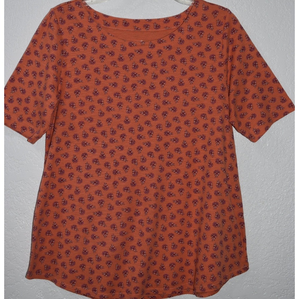 J. Jill Petite Medium Top Pima-Slub Elbow-Sleeve Tee Floral Print 100% Pima Cot